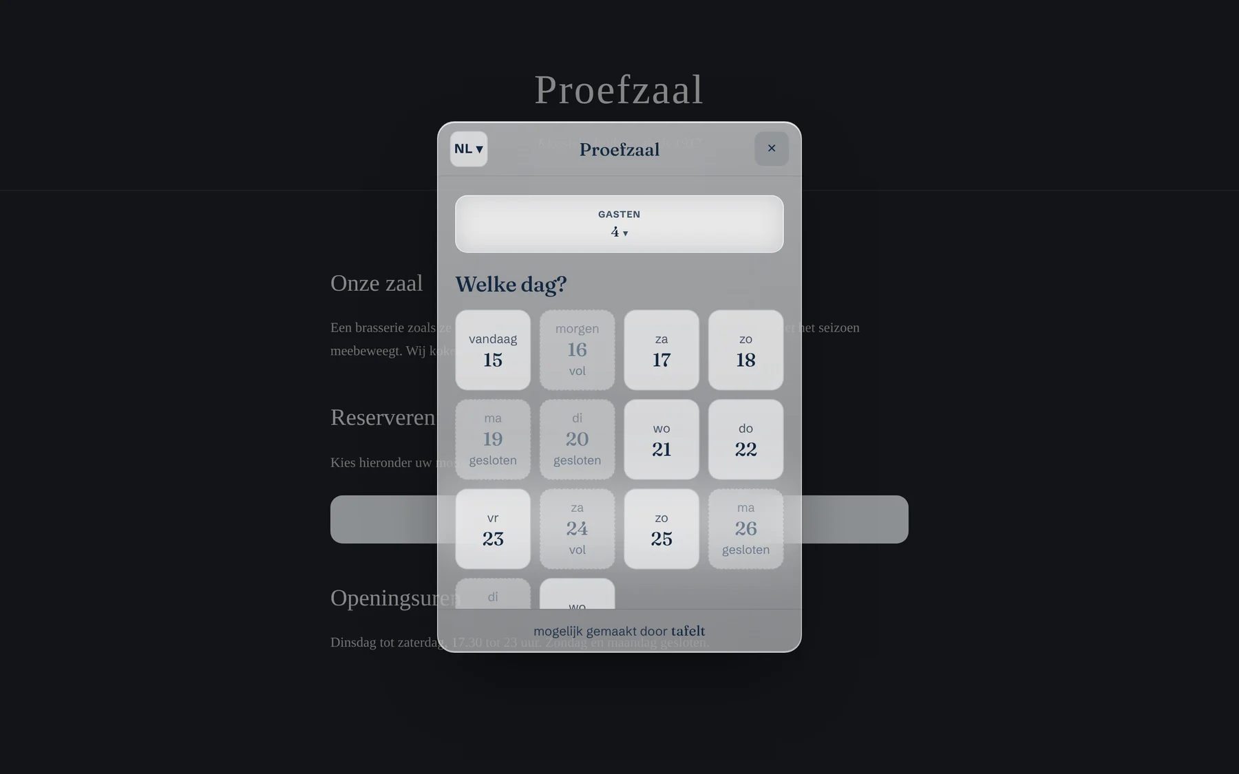 De site van de Proefzaal met de boekflow erin: 4 gasten, welke dag