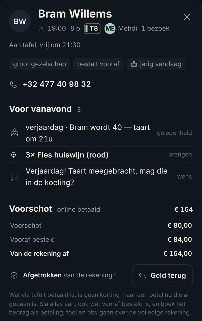 De kaart van Bram Willems: drie flessen huiswijn vooraf besteld, € 164 van de rekening af