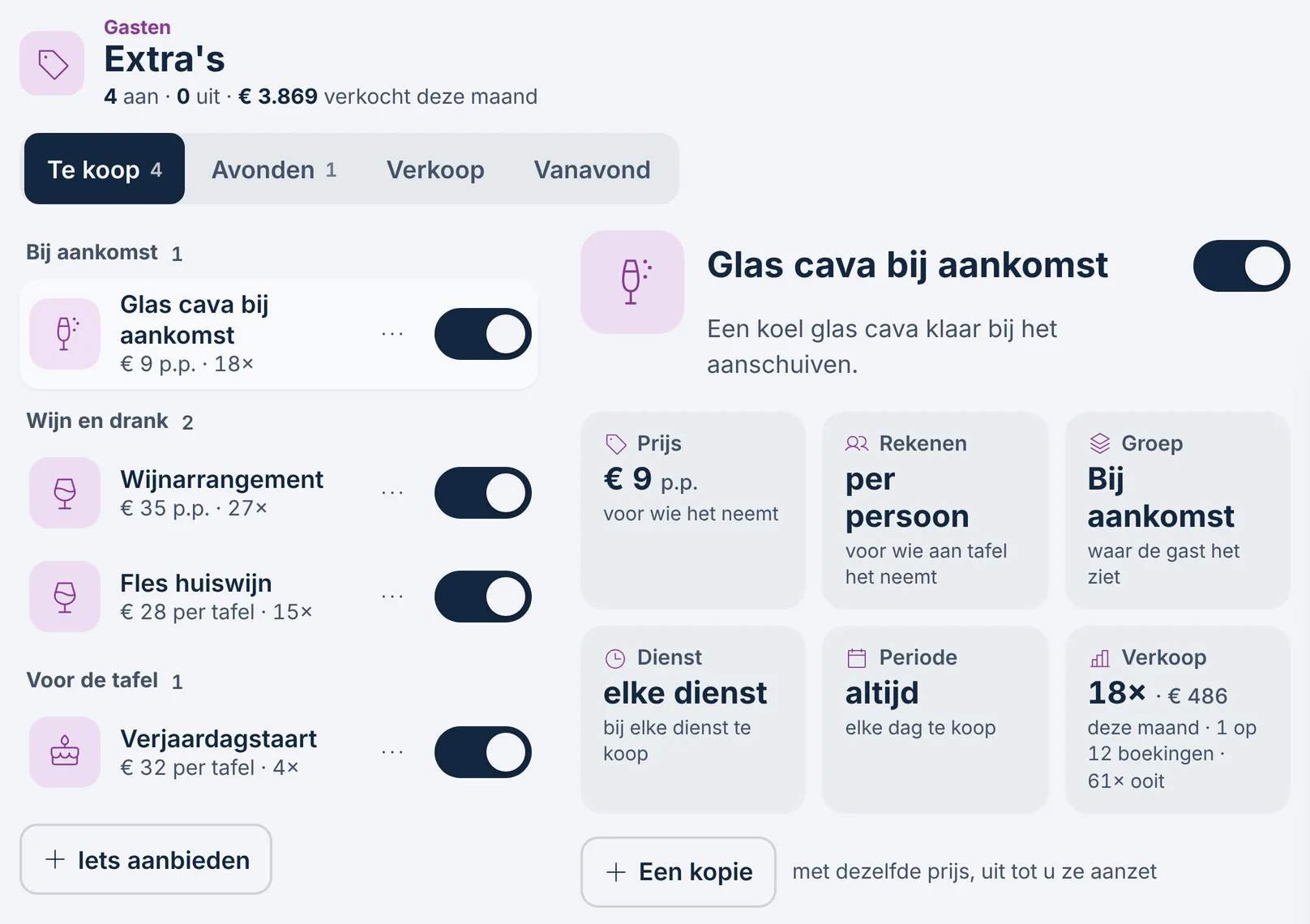 Beheer, Extra's: vier dingen te koop in drie groepen, met het glas cava bij aankomst open