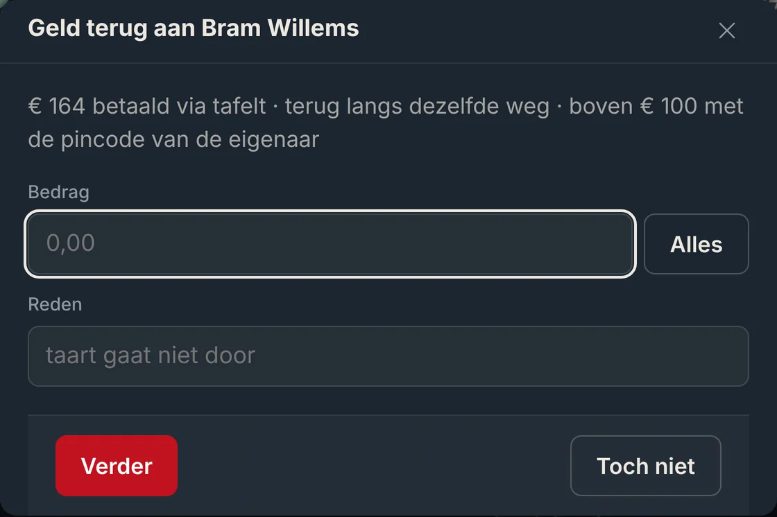Geld terug aan Bram Willems: € 164 betaald via tafelt, terug langs dezelfde weg