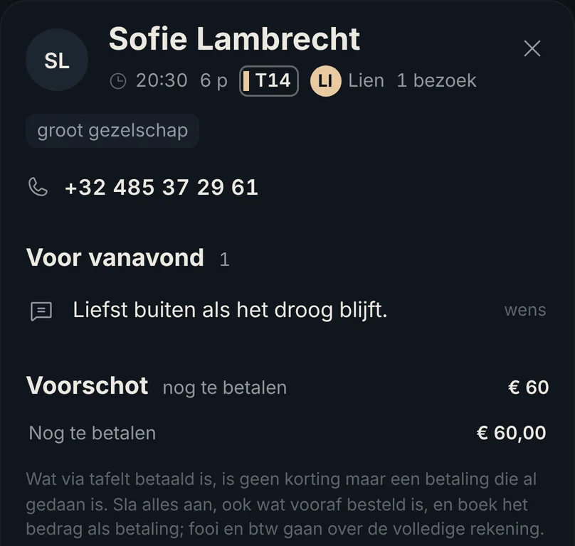 De Lijst: Sofie Lambrecht, 6 personen om 20:30, voorschot € 60 nog te betalen