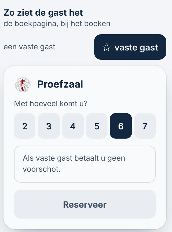 Zo ziet een vaste gast de boekpagina: Als vaste gast betaalt u geen voorschot, en de knop zegt Reserveer